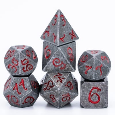 Lapi Toys - Dungeons and Dragons dobbelstenen - D&D dobbelstenen - D&D metal polydice - 1 set (7 stuks) - Metaal - Grijs - Rood