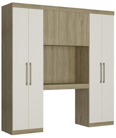 Vente-unique Opklapbed ANTERO - 6 deuren - Met kasten en opbergruimtes - L200 cm - Eik & Ivoor