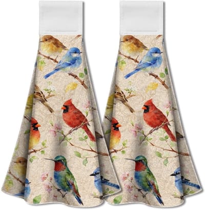 Dailygoods - WADORN 2 stuks vogels op tak keuken hangende handdoeken met lus, retro kardinaal kolibrie hand stropdas handdoek decoratieve thee bar drogen vaatdoeken zacht absorberend 30 x 30 cm voor thuis badkamer