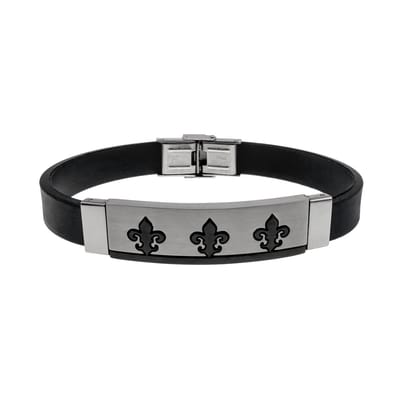 Siliconen Armband Heren, Fleur-de-Lis Design Zwart PVD, Ruber en Bicolor Roestvrij Staal - Polslengte 19 cm