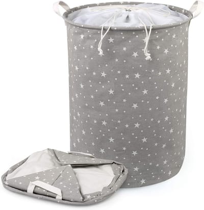 Grijze Wasmand met Handvat en Trekkoord, Opvouwbare Canvas Wasmand voor Kleding, Speelgoed en Badkameropslag