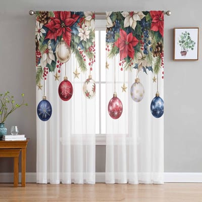 Kerstbal Sneeuwvlokken Poinsettia Transparante Gordijnen voor Woonkamerdecoratie Raamgordijnen Keuken Tule Voile Gordijnen W135 x H115cm x1 gray