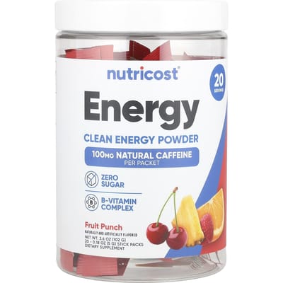 Nutricost, Energie, Schoon Energie Poeder, Fruit Punch, 20 stickverpakkingen, 5 g (0,18 oz) elk