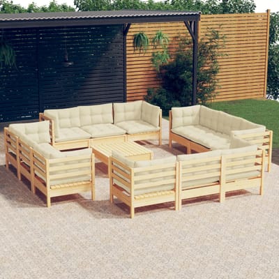 vidaXL - 13-delige - Loungeset - met - crèmekleurige - kussens - grenenhout