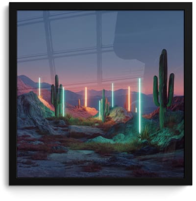 Poster in lijst - Fotolijst 40x40 cm - Posters - Cactus - Lichtzuilen - Zonsondergang - Posterlijst zwart - Decoratie - Wanddecoratie woonkamer - Muurdecoratie slaapkamer