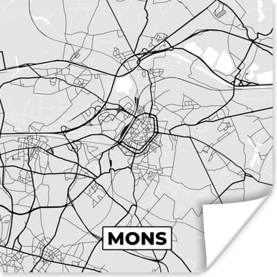 Poster Zwart Wit – België – Plattegrond – Stadskaart – Kaart – Mons - 100x100 cm XXL
