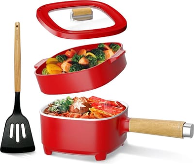 Hotpot Electrisch – Kaasfondue Pan Elektrische Multipan – Multifunctioneel 2L - Chinese Fondue 350/800Watt – Saute Pan – Friteuse – Hete Pan- Stomer – Langzame Kookplaat – Gemakkelijk Schoon te Maken - Rood