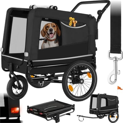 tectake® Hondenkar - Huisdierenkar - 3-in-1 - Honden Aanhanger - Hondenbuggy - Dierenkar - Fietskar - Fietsaanhanger voor Hond - Zwart - tot 40kg - Opvouwbaar - met Vlag & Reflector