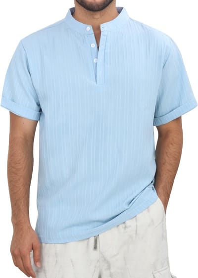 Dailygoods - BWBIKE Casual Henley-hemd voor heren, korte mouwen, opstaande kraag, zomer, strand, gestructureerd button-down-hemd voor vakantie en vrije tijd