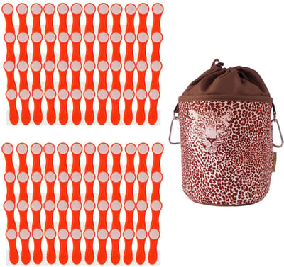 96 wasknijpers, wasknijpers met drukveren van roestvrij staal en soft touch oranje-wit en 1 bellaCott wasknijperzak, luipaardbruin