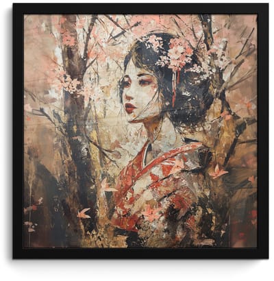 Poster in lijst - Fotolijst 40x40 cm - Posters - Kimono - Vrouw - kersenbomen - Posterlijst zwart - Decoratie - Wanddecoratie woonkamer - Muurdecoratie slaapkamer