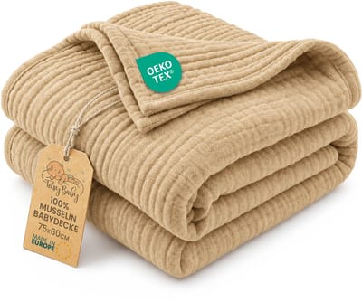 Babydeken zomer dunne mousseline deken 75 x 60 cm - lichte ademende deken katoen wieg kinderwagen – zonwering newborn baby pasgeboren zacht reiswieg meisje jongen Oeko-Tex Beige