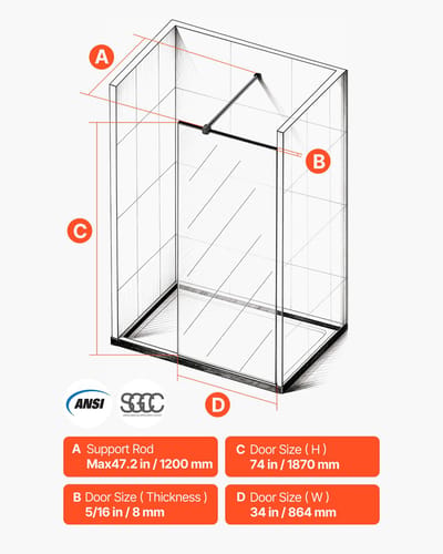 Vast glazen douchepaneel, 864 x 1870 mm douchewand met volledig frame, 8 mm dik helder gehard glas met afdichtingsstrip aan de onderkant en bevestigingsmateriaal, onderhoudsvriendelijk, voor de badkamer, matzwart