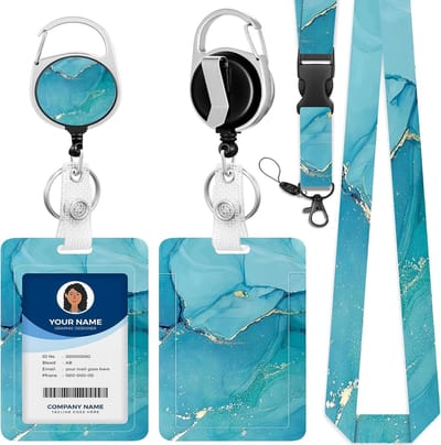 Kaarthouder met Band - ID Houder Uittrekbaar - Werkplek Identificatie - Marmer-achtige Textuur - 11 x 6.8 cm - Turkooisgroen