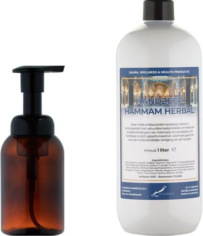 Zeepdispenser 300 ml amber bruin hervulbaar + 1 liter Handzeep Hammam Herbal navulling