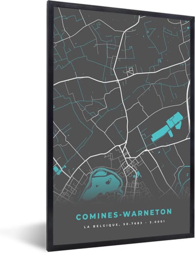 Fotolijst incl. Poster - Plattegrond – Comines Warneton – Blauw – Stadskaart - Kaart - 40x60 cm - Posterlijst