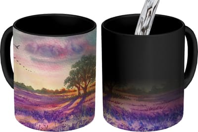 Magische Mok - Foto op Warmte Mokken - Koffiemok - Lavendel - Verf - Vogels - Bomen - Paars - Magic Mok - Beker - 350 ML - Theemok