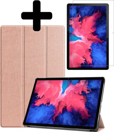 Hoes - Geschikt voor Lenovo Tab P11 - Met Screenprotector - Trifold Bookcase - Hard Cover - Hardcover Book Case - Tablet Hoesje - Rosé goud