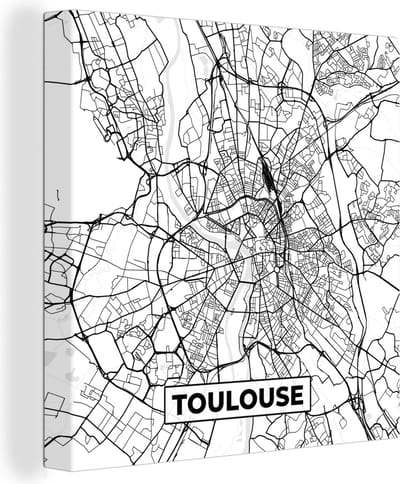 Canvas Schilderij Kaart - Stadskaart - Toulouse - Frankrijk - Plattegrond - Zwart wit - 20x20 cm - Wanddecoratie