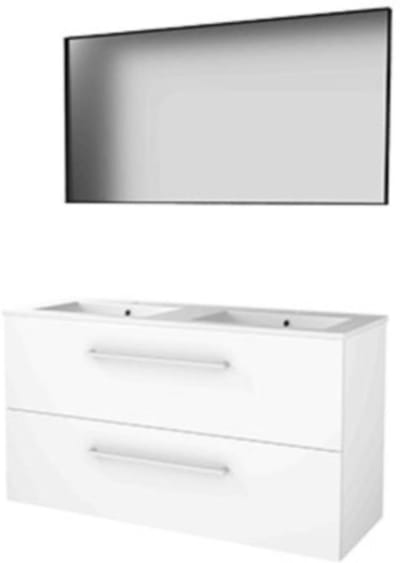 Basic-Line Framed 46 Badkamermeubelset - 120 x 46 cm - Met Grepen - 2 Lades - Keramische Wastafel - 2 Kraangaten - Spiegel met Zwart Aluminium Frame - Ice White