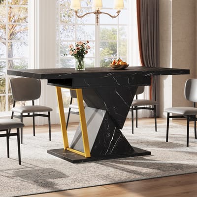 MODENUIT Eettafel - Uitschuifbaar Met Marmerlook - Voor Keuken En Eetkamer - MDF - Zwart - 110-140x80x76 Cm
