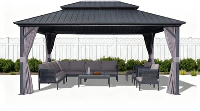 PURPLE LEAF Hardtop Aluminium Tuinpaviljoen – Dubbel dak – Hoogwaardige Gordijnen – Wind- en weerbestendig – Grijs