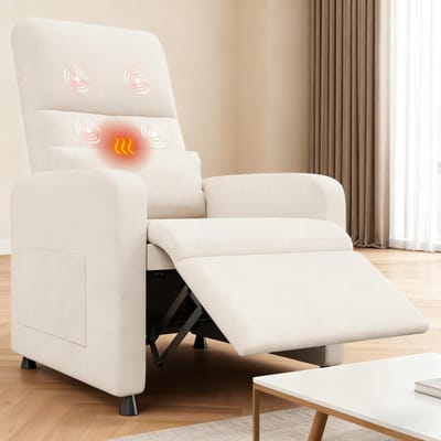 Relaxstoel Massagestoel Elektrisch, Verstelbare TV Fauteuil met Ligfunctie, Massage en Verwarming, Enkel Zitbank, Voor Woonkamer, Slaapkamer, Leeshoek, Wit