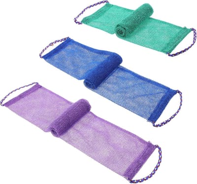 Badhanddoek - badspons - Afrikaanse badsponzen - Met trekkoord Badhanddoek - 3 stuks Afrikaanse badsponzen - exfoliërende netten - Exfoliërende handdoeken - Unisex badsponzen -Dagelijkse badbenodigdheden（Blauw Paars Groen）-75x14cm