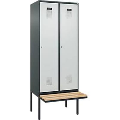 Kleiderspind C+P Evolo Plus, 2 Abteile à 400 mm Breite, schwebende Sitzbank, B 800 x T 815 x H 2120 mm, Zylinder, anthrazitgrau/lichtgrau
