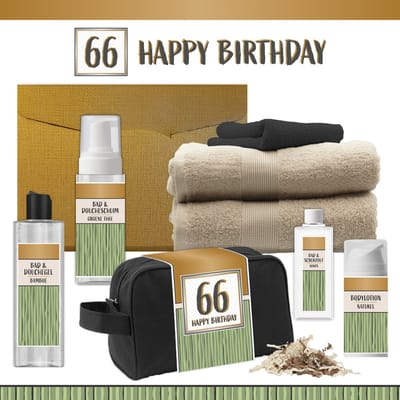 Geschenkset “66 Happy Birthday” - 8 producten - 1140 gram | Luxe wellness Cadeaubox voor Hem Giftset Feestje Verjaardag Zesenzestig jaar Cadeau Pakket Douche Gefeliciteerd Verjaardagscadeau Man Gift Set Party Sixty-six Years Hartje Goud Groen Beige