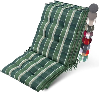 Beautissu Sun-NL – Set van 3 Premium Lage Rugleuning Kussen 100x50 cm - UV-bestendig & 8cm Dik Kussen Tuinstoelkussen Antislip Bevestigingsbanden – Stevige Stof Groen Ruit Gestreeptt