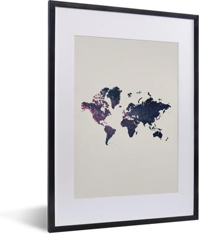 Poster in lijst - Fotolijst 30x40 cm - Posters - Wereldkaart - Glitter - Blauw - Roze - Posterlijst zwart - Decoratie - Wanddecoratie woonkamer - Muurdecoratie slaapkamer