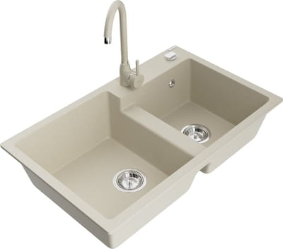 Mexen Tomas granieten spoelbak met 2 koen en Telma keukenkraan, beige - 6516-69-670200-69