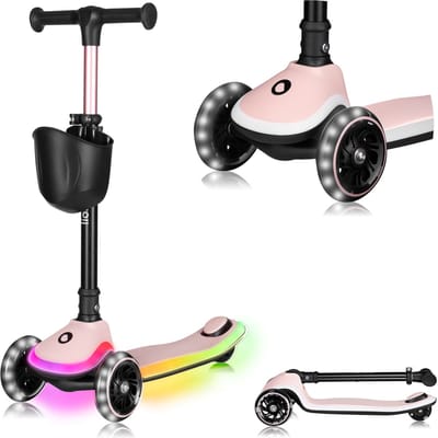 LIONELO Mey Kinderstep – LED-verlichting in wielen & voetplateau – Inklapbaar stuur – Antislip deck – Mandje – ABEC-7 lagers – 4 hoogteposities – Tot 50 kg – Vanaf 3 jaar – Ergonomisch – Rem – Direct gebruiksklaar