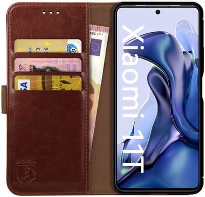 Rosso Element Book Case Wallet Hoesje Geschikt voor Xiaomi 11T / 11T Pro | Portemonnee | 3 Pasjes | Magneetsluiting | Stand Functie | Bruin