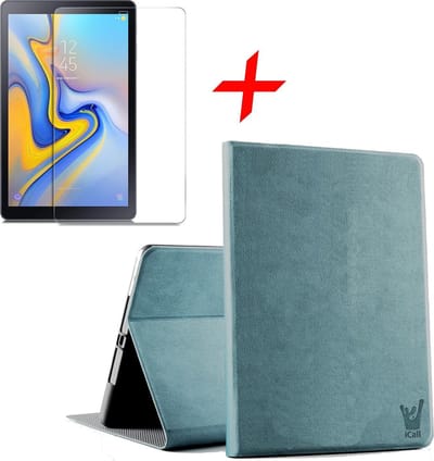 Hoes geschikt voor Samsung Galaxy Tab A 10.5 (2018) - Canvas Eco Kunstleer Book Case Smart Cover Blauw + Screenprotector Gehard Tempered Glass - Hoesje van iCall