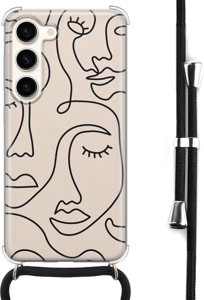 Hoesje met koord - Geschikt voor Samsung Galaxy S23 - Abstract faces - Verstelbaar zwart koord - Crossbody - Print / Illustratie - Transparant, Beige - Leuke Telefoonhoesjes