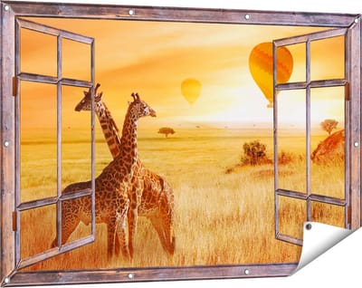 Gards Tuinposter Doorkijk Twee Giraffen met Twee Oranje Luchtballonnen - 120x80 cm - Tuindoek - Tuindecoratie - Wanddecoratie buiten - Tuinschilderij