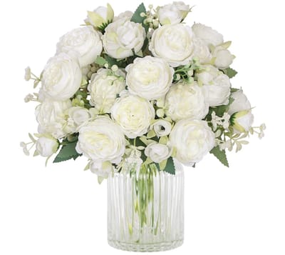 Dailygoods- Kunstpioen Boeket - 2 Bundels Witte Bloemen - Zijde Pioenen - Nepbloemen Decoratie - Kunstbloemen voor Bruiloft - Tafel Middelpunt