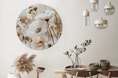 WallCircle - Wandcirkel - Muurcirkel - Bloemen - Winter - Wit - Sneeuw - Beige - Aluminium - Dibond - 140x140 cm - Binnen en Buiten