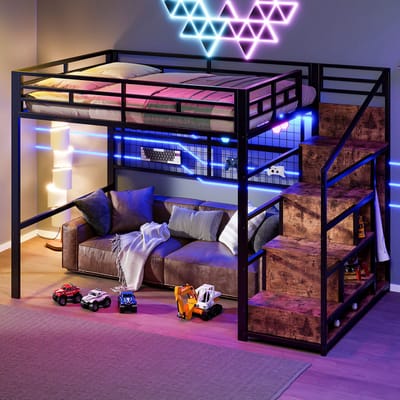 MODFU Hoogslaper 140x200 cm – Metaal en MDF – Met opbergtrap, kledingkast & 7-kleuren LED – Zwart
