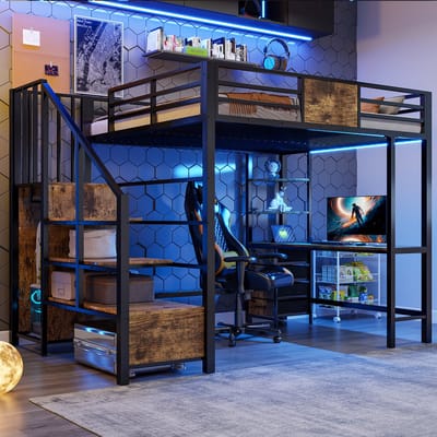 Hoogslaper met Bureau - Hoogslaper 140x200 - Hoogslaper Metaal - Tienerhoogslaper,Hoogslaper met opbergruimte - opbergvakken, kledingrek, ledverlichting en stopcontact -Zwart