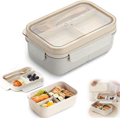 VHV-Bento-box met 5 vakken — Lekvrije lunchbox van 1200 ml — Inclusief bestek — Geschikt voor kinderen en volwassenen — Magnetron- en vaatwasserbestendig — Ideaal voor thuis, school en kantoor — Beige