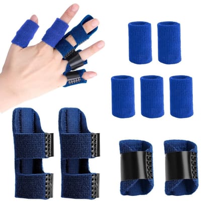 Daity vingerbeschermer - 4 stuks Trigger Finger Splints en 5 stuks Vingermouwen - Pijnverlichtende Vingerstabilisator - Vingercorrector Fixatiespalk voor Breuk - Verstuiking - Gezwollen Vinger (Blauw)