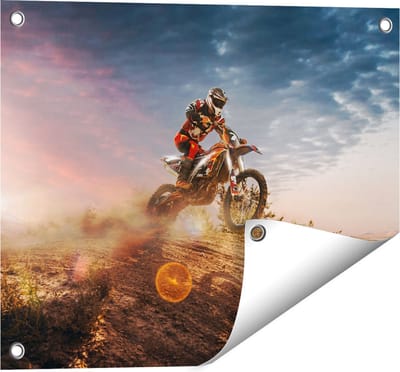 Gards Tuinposter Motorcross op een Heuvel bij Zonsondergang - 50x40 cm - Tuindoek - Tuindecoratie - Wanddecoratie buiten - Tuinschilderij