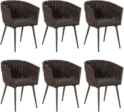 Set van 6 aluminium eetkamerstoel MCW-N38, armleuning binnenstoel, Olefin rope weave Touw ~ bruin Kussen donkergrijs