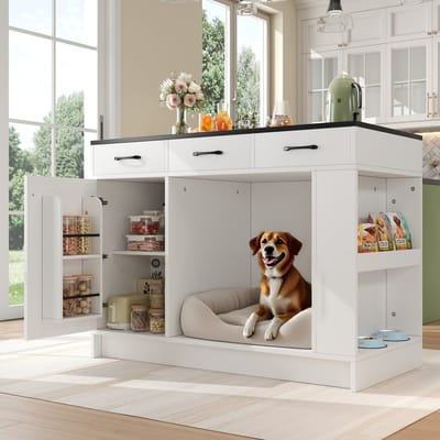 MODFU - Keukeneiland Met 3 Laden En Verstelbare Plank - Met Huisdiernis - Voor Keuken En Eethoek - MDF - Wit - 120 X 60 X 90 Cm