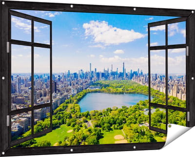 Gards Tuinposter Doorkijk Central Park in New York met Wolkenkrabbers - 150x100 cm - Tuindoek - Tuindecoratie - Wanddecoratie buiten - Tuinschilderij
