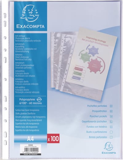 Exacompta Doos van 100 geperforeerde showtassen - gladde PP 6/100ste - A4 - Transparant - 5000E