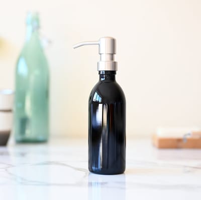 Groeikruid® Zeeppompje vrijstaand | Zeepdispenser glas | Vrijstaand | 250 ml violet glas | RVS pompkop | Zilver